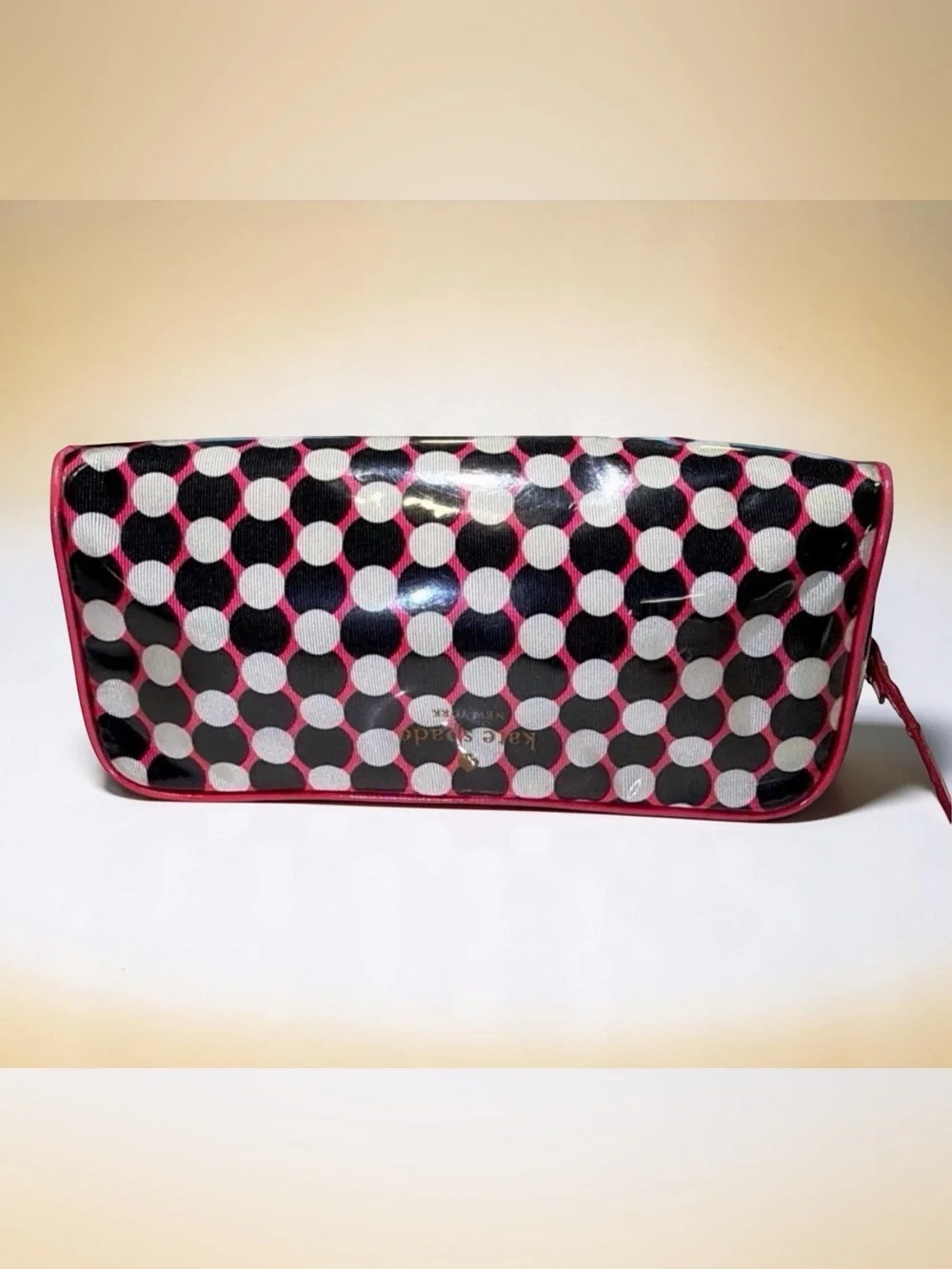 Kate Spade New York Polka Dot Coated Canvas Cosmetic Bag Pink Trim Travel Pouch